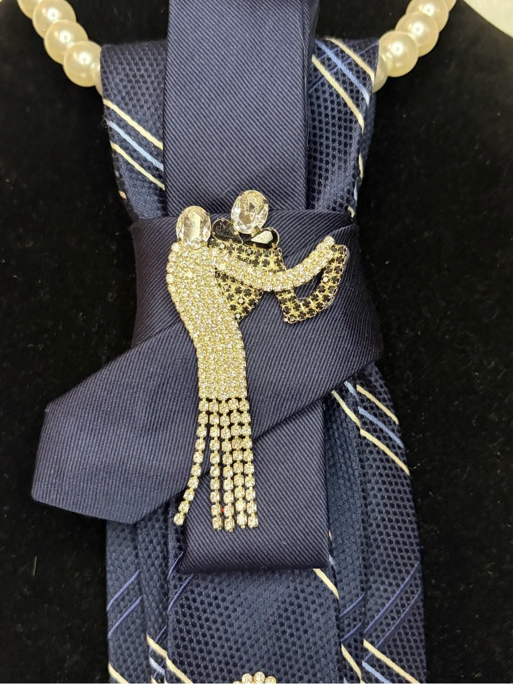 Tommy Hilfiger Navy Blue Diagonal Stripe Tie with Crystal Accents